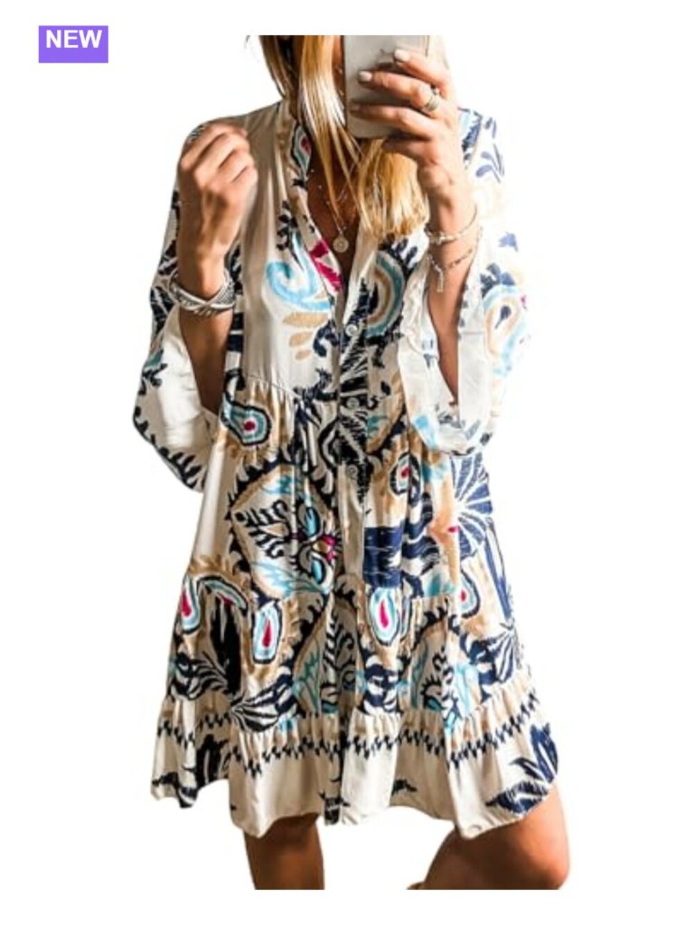 SELINK Womens Long Sleeve V Neck Tribal Print Boho Mini Beach Dress Casual